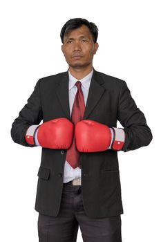Asian businessman wearing boxing gloves to punch by white background.Business Boxing concept.