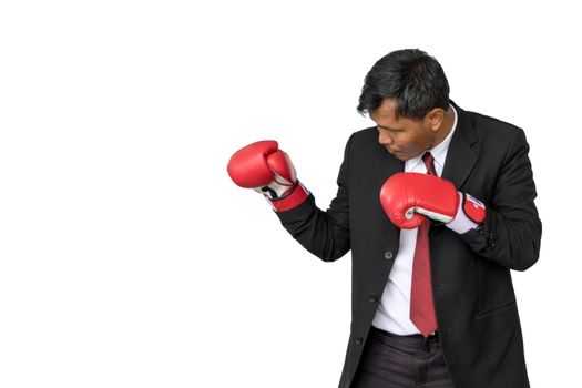 Asian businessman wearing boxing gloves to punch by white background.Business Boxing concept.