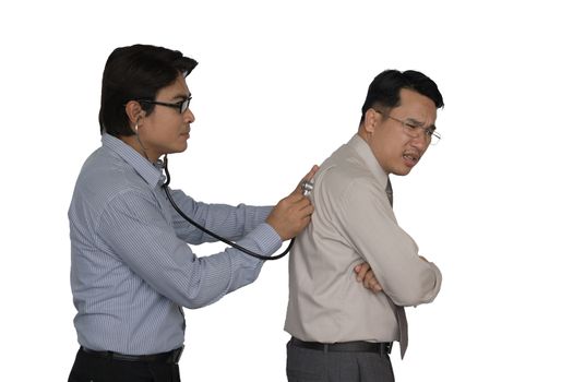 Asian doctor man is using a stethoscope to examine a businessman.by white background.