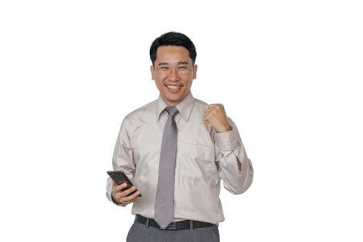 Businessmen are standing happy in the hand holding a smartphone. With a white back ground.