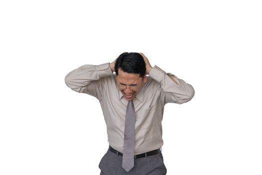 Asian businessman with a headache with a white background.