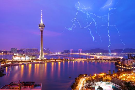 Night view of Macau Tower in Twilight Time  and thunderstorms
