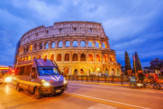 Traffic Jam in Colosseum, Rome, Italy. Twilight view of Colosseo in Rome