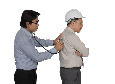 Asian doctor man is using a stethoscope to examine a businessman.by white background.