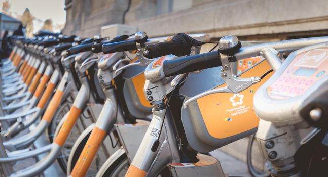 Montpellier, France - January 2, 2019: Velomagg bike sharing city bikes for rental in Montpellier. Bike sharing is a popular city transport