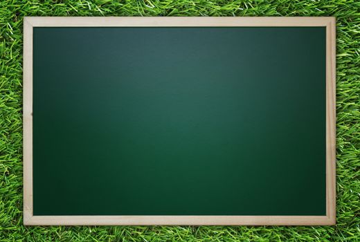 Blackboard, chalkboard on green grass background, education concept, nature and ecology