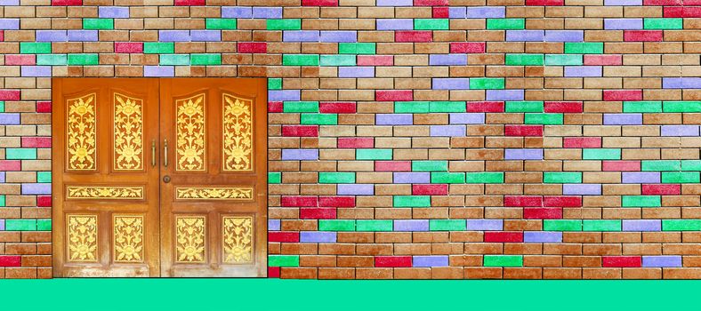 colorful brick wall interior and main light blue background panorama