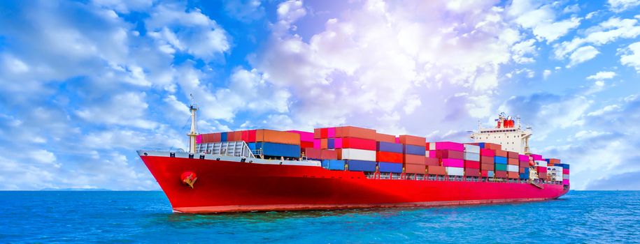 Container cargo ship, Freight shipping maritime vessel, Global business import export commerce trade logistic and transportation oversea worldwide by container cargo ship boat in the open sea.