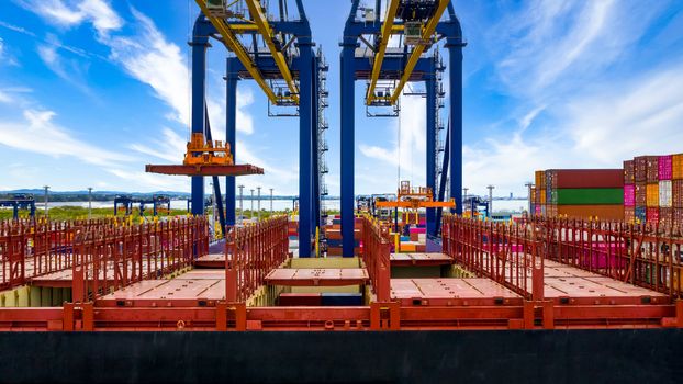 Quay crane, Crane of container terminal in industrial sea port, Sea cargo port with container ship and crane with blue sky background, Business logistic import export transportation by cargo vessel.