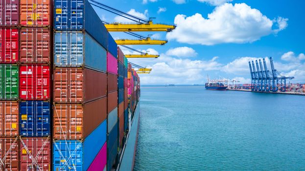 Container ship unloading in deep sea port, Global business logistic import export freight shipping transportation oversea worldwide container ship, Container vessel loading cargo cargo freight ship.