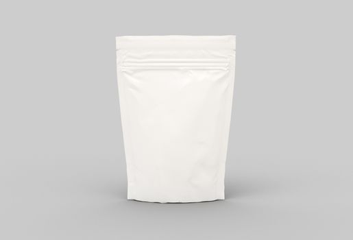 The white food and snack pouch bag packaging mock-up design front view on studio stage