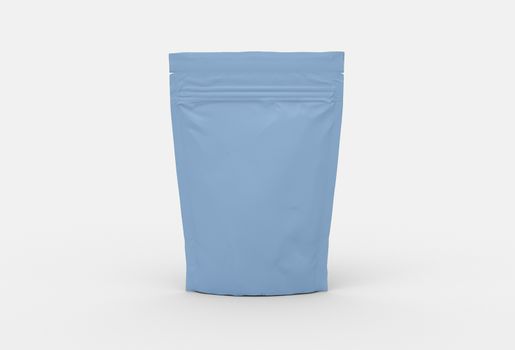 The blue food and snack pouch bag packaging mock-up design front view on beige studio stage