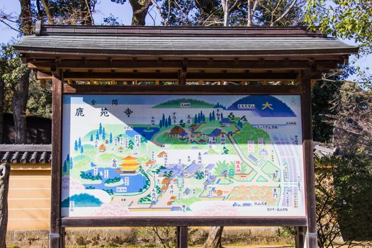 KYOTO, JAPAN - MARCH 13, 2018: Map and territory of the Kinkaku-ji temple for tourists to visit in Kyoto. Japan.