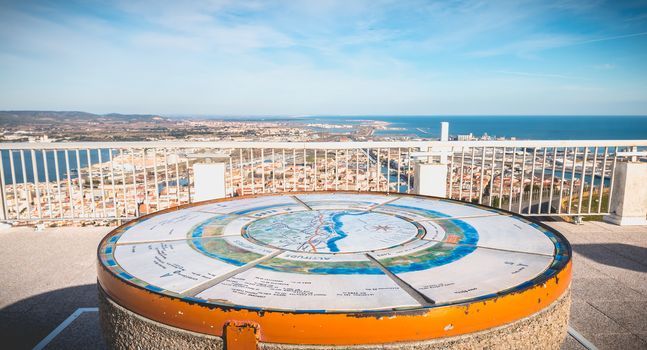 Sete, France - January 4, 2019: view of the White Stones orientation table on the heights of the city on a winter day