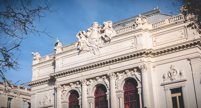 Sete, France - January 4, 2019: architectural detail of the Moliere theater on a winter day. municipal theater Listed in the inventory of Historic Monuments and belonging to the network of National Scenes