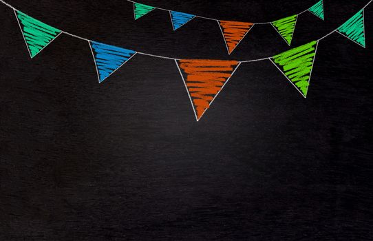 Blackboard, chalkboard texture background and drawing colorful flags hanging, party and festival concept 