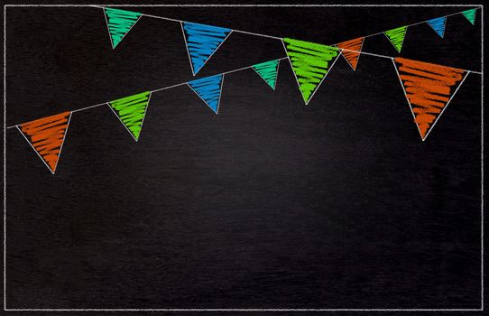 Blackboard, chalkboard texture background and drawing colorful flags hanging, party and festival concept 