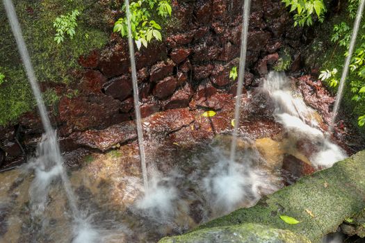 Sacred water springs in the Pakerisan Valley at the Tampaksiring Burial Complex. Gunung Kawi, Bali, Indonesia. Sacrifices to the Gods on the altar. Mecha and tropical vegetation grow on a rock wall.