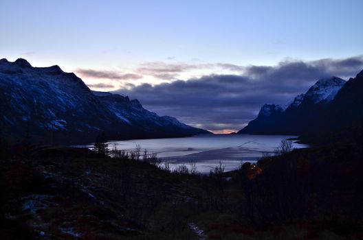 Beautiful sunset in the cold autumn evening in Northern Norway