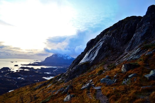 Sunset on the top of the mountain in Northern Norway