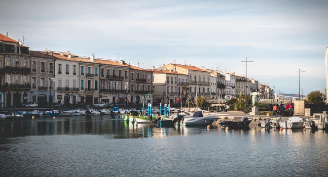 Sete, France - January 4, 2019: view of the marina in the city center where pleasure boats are parked on a winter day