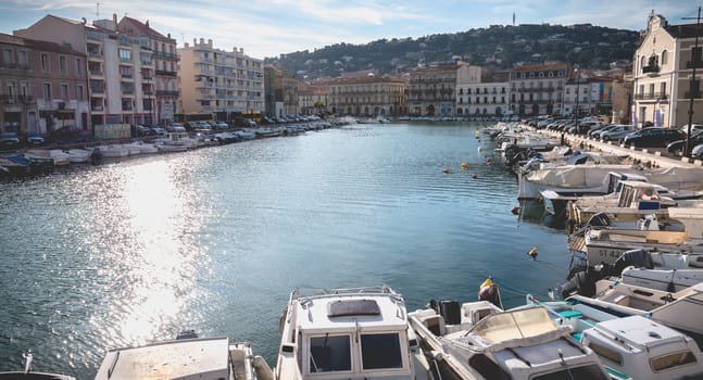 Sete, France - January 4, 2019: view of the marina in the city center where pleasure boats are parked on a winter day