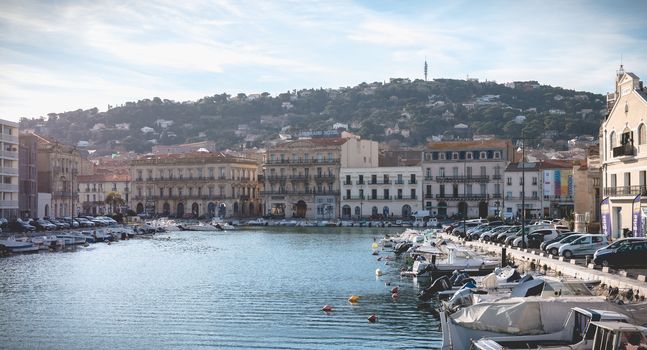 Sete, France - January 4, 2019: view of the marina in the city center where pleasure boats are parked on a winter day