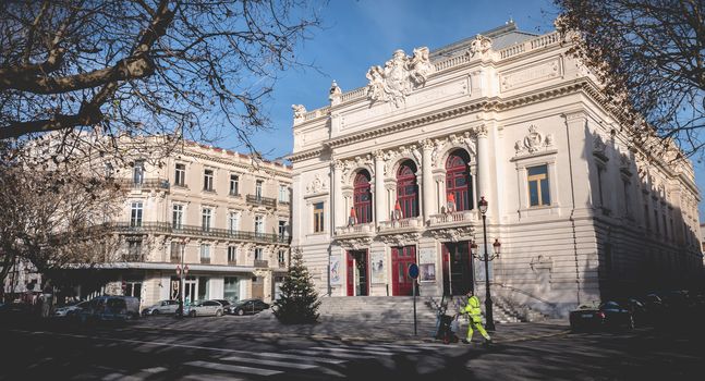 Sete, France - January 4, 2019: architectural detail of the Moliere theater on a winter day. municipal theater Listed in the inventory of Historic Monuments and belonging to the network of National Scenes