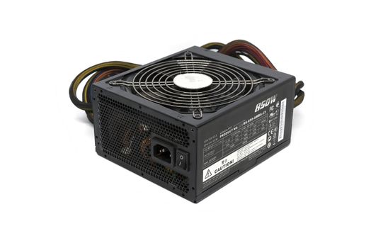 850W Power supply unit with cable and switch I O, black color for full ATX Tower case PC have big fan for cool ioslated on white background