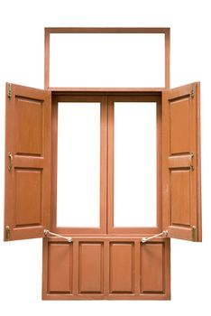 Old wood twin window open isolated on white background