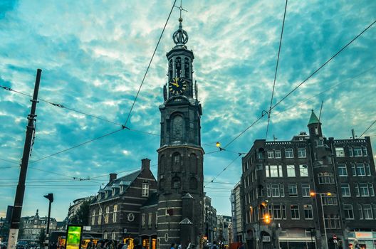 Munttoren clock tower to the rear at Muntplein, Amsterdam, Netherlands (Holland)