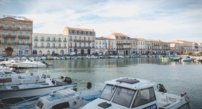 Sete, France - January 4, 2019: view of the marina in the city center where pleasure boats are parked on a winter day