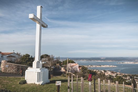 Sete, France - January 4, 2019: Architectural detail of the cross of Mont Saint Clair overlooking the town of Sete on a winter day