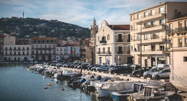 Sete, France - January 4, 2019: view of the marina in the city center where pleasure boats are parked on a winter day