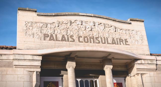 Sete, France - January 4, 2019: Architectural detail of the Art Deco Building Consular Palace in Sete, Hérault, France on a winter day