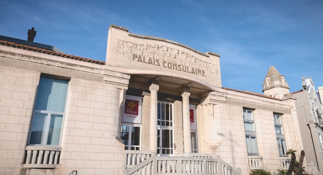 Sete, France - January 4, 2019: Architectural detail of the Art Deco Building Consular Palace in Sete, Hérault, France on a winter day