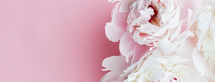 White peony flowers as floral art on pink background, wedding flatlay and luxury branding design