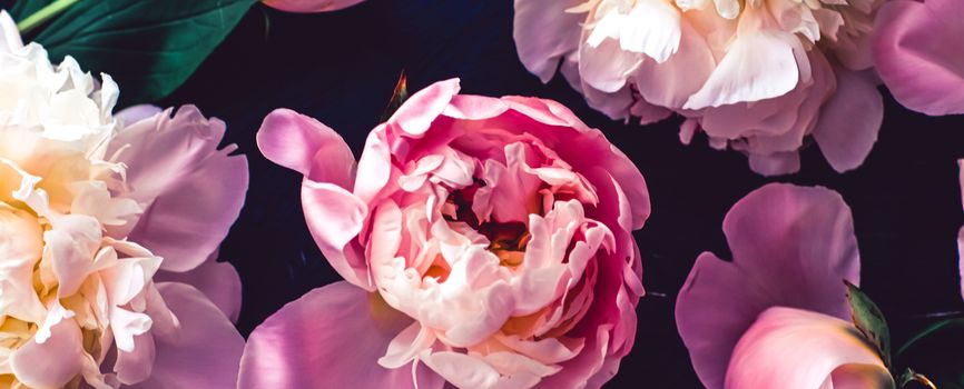 Pink peony flowers as floral art background, botanical flatlay and luxury branding design