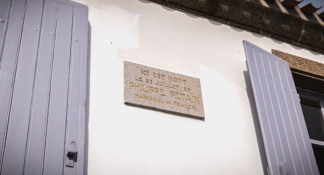 Port Joinville, France - September 16, 2018: architectural detail of the house where Marshal Petain died on July 23, 1951 in the historic city center of the island of Yeu