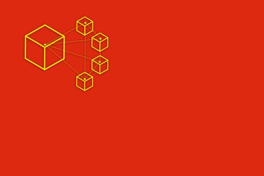 China flag with stars replaced by cubes symbolizing blockchain. Suitable for concepts like crypto trade war between china and USA or the new Blockchain-based Service Network or BSN lauched by the chinese govenment in April
