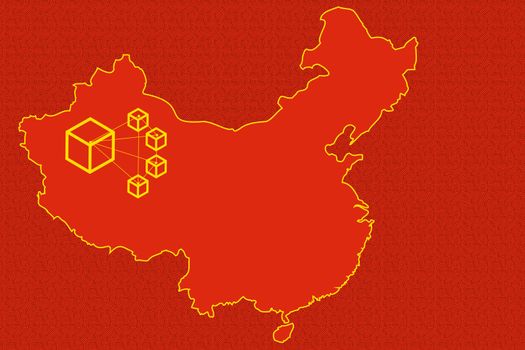 China flag with stars replaced by cubes as blockchain symbols inside a chinese map silhouette. Suitable for concepts like crypto trade war between china and USA or the new Blockchain-based Service Network or BSN lauched by the chinese govenment in April