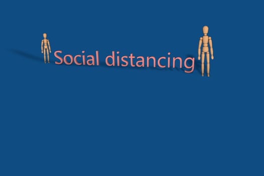 3D figures and social distancing word. Social distancing, keep distance in public society people to protect from COVID-19 coronavirus outbreak spreading concept. Color of the year 2020 classic blue