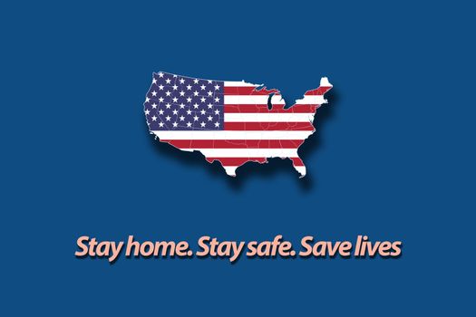 Stop coronavirus in USA. Map of United States of America with american flag on light and stay home messages. Concept of coronavirus,Covid-19 outbreak and pandemic. Color of the year classic blue background and complementary light orange text
