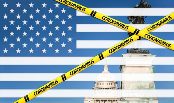 USA flag over the US Capitol and Grant statue and coronavirus quarantine warning signs