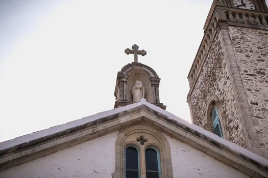 Port Joinville, France - September 16, 2018: Architectural detail of the Saint-Amand church on the island of Yeu on a summer day