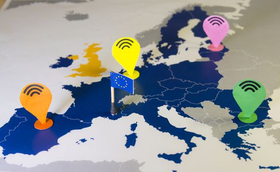 EU map with location pins on it. Europe may collect smartphone location data to slow virus spread