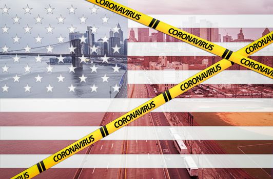 USA flag and coronavirus warning tape over an empty FDR Drive,officially referred to as the Franklin D. Roosevelt East River Drive, in New York City. Suitable for lockdown NYC from emergency protocol like coronavirus pandemia.