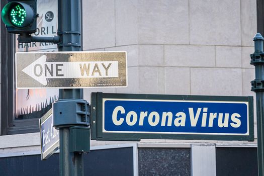 Street sign with coronavirus word in New York City, USA.NY lockdown caused by coronavirus or covid-19 concept.