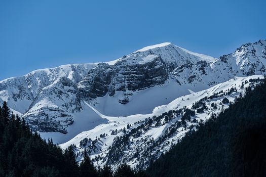 Pyrenees mountain covered in snow in Vall Aran , Catalonia, Spain.