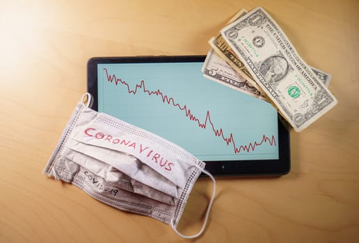 Dollar bills and respirator mask with the word coronavirus over a a tablet with stock market down chart on screen. Global stock markets financial crisis and crash caused by the coronavirus outbreak